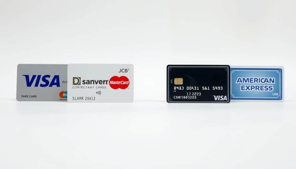 A high-resolution, detailed image of the main credit card types commonly used in the Philippines. The foreground shows the front view of four credit cards - Visa, Mastercard, JCB, and American Express - displayed side by side against a clean, white backdrop, capturing their distinct logos, colors, and design elements. The middle ground features a subtle perspective grid or pattern to emphasize the rectangular card shape. The background has a soft, neutral tone that creates a sense of elegance and professionalism, suitable for an informative article. The lighting is natural and diffused, highlighting the textural details of the cards. The overall composition and mood convey a clear, informative, and visually appealing illustration of the diverse credit card offerings in the Philippine market.