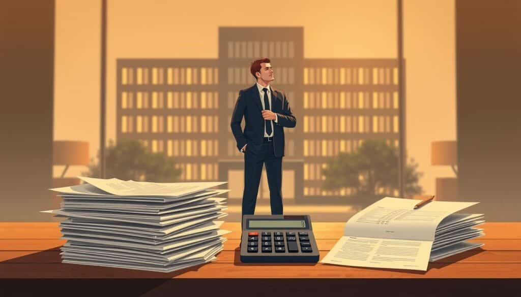 A high-resolution digital illustration depicting the concept of "uzņēmumu ienākuma nodoklis" (corporate income tax) in Latvia. The scene shows a corporate office building in the background, with a stack of documents and a calculator in the foreground, symbolizing financial records and tax calculations. The middle ground features a businessman in a suit, representing a business owner, standing in contemplation. Warm, muted lighting creates a pensive atmosphere, highlighting the gravity and importance of corporate taxation. The composition is balanced and visually appealing, conveying the complexities and responsibilities of corporate tax compliance in a clear, conceptual manner. A high-resolution digital illustration depicting the concept of "uzņēmumu ienākuma nodoklis" (corporate income tax) in Latvia. The scene shows a corporate office building in the background, with a stack of documents and a calculator in the foreground, symbolizing financial records and tax calculations. The middle ground features a businessman in a suit, representing a business owner, standing in contemplation. Warm, muted lighting creates a pensive atmosphere, highlighting the gravity and importance of corporate taxation. The composition is balanced and visually appealing, conveying the complexities and responsibilities of corporate tax compliance in a clear, conceptual manner.