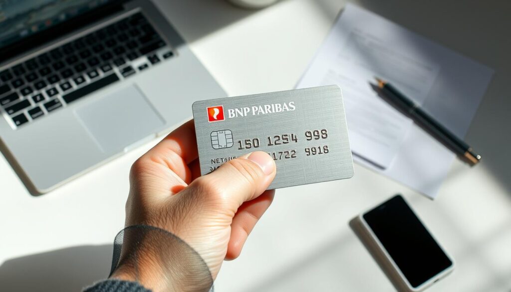 A high-resolution image of a person's hand holding a BNP Paribas credit card, the card's surface textured and matte. The background is a clean, minimalist workspace with a laptop, pen, and documents, conveying a professional, business-like atmosphere. Soft, directional lighting from the side casts subtle shadows, adding depth and dimension. The composition places emphasis on the card, hinting at a process of cancellation or modification, reflecting the section title "Processus de résiliation, modification et support client". A high-resolution image of a person's hand holding a BNP Paribas credit card, the card's surface textured and matte. The background is a clean, minimalist workspace with a laptop, pen, and documents, conveying a professional, business-like atmosphere. Soft, directional lighting from the side casts subtle shadows, adding depth and dimension. The composition places emphasis on the card, hinting at a process of cancellation or modification, reflecting the section title "Processus de résiliation, modification et support client".