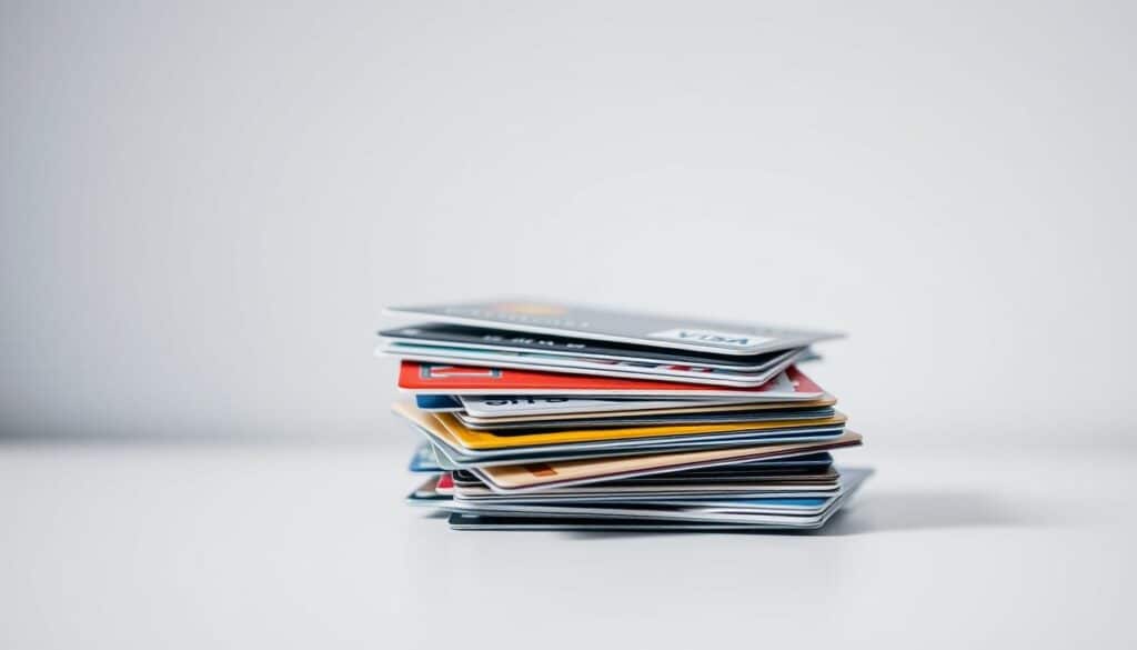 A high-resolution image of a stack of different credit and debit cards, captured in a clean, minimalist style. The cards are arranged neatly, showcasing a variety of designs, colors, and logos, representing the diversity of banking options. The lighting is soft and diffused, casting gentle shadows and highlighting the textural details of the card materials. The composition places the cards in the foreground, with a plain, out-of-focus background, allowing the cards to be the central focus. The overall mood is one of simplicity, practicality, and consumer choice, reflecting the theme of "Överväganden innan du väljer bankkort".