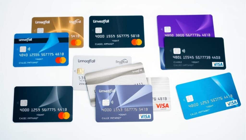 A high-resolution image of various credit and debit card categories neatly arranged on a clean, minimalist background. The cards are displayed from multiple angles, showcasing their distinctive designs, colors, and logos. The lighting is soft and even, creating a sense of depth and clarity. The composition is balanced, with the cards taking up the majority of the frame, allowing the viewer to clearly see the different card types and their intended uses. The overall mood is professional and informative, reflecting the subject matter of the article.