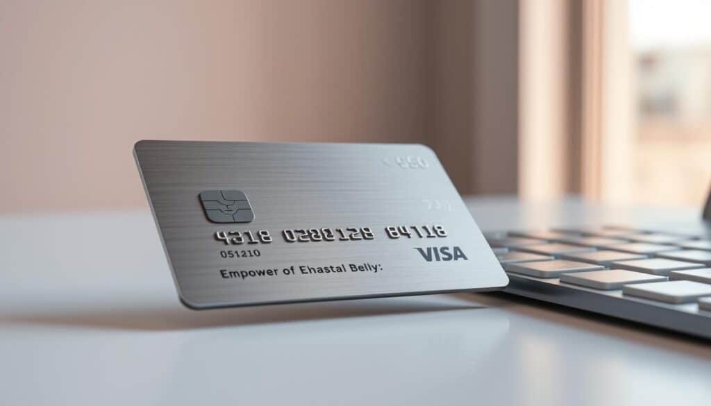 A high-resolution photograph of a modern, sleek credit card made of brushed metal and glass, resting on a minimalist, clutter-free desktop. The card's surface reflects the soft, warm light from a nearby window, casting a subtle glow. The composition emphasizes the card's elegant design, showcasing its clean lines, sharp edges, and minimalist branding. The background is a neutral, muted tone that allows the card to be the central focus, highlighting its position as a key financial tool. The lighting and depth of field create a sense of depth and sophistication, conveying the card's role in empowering one's financial well-being.