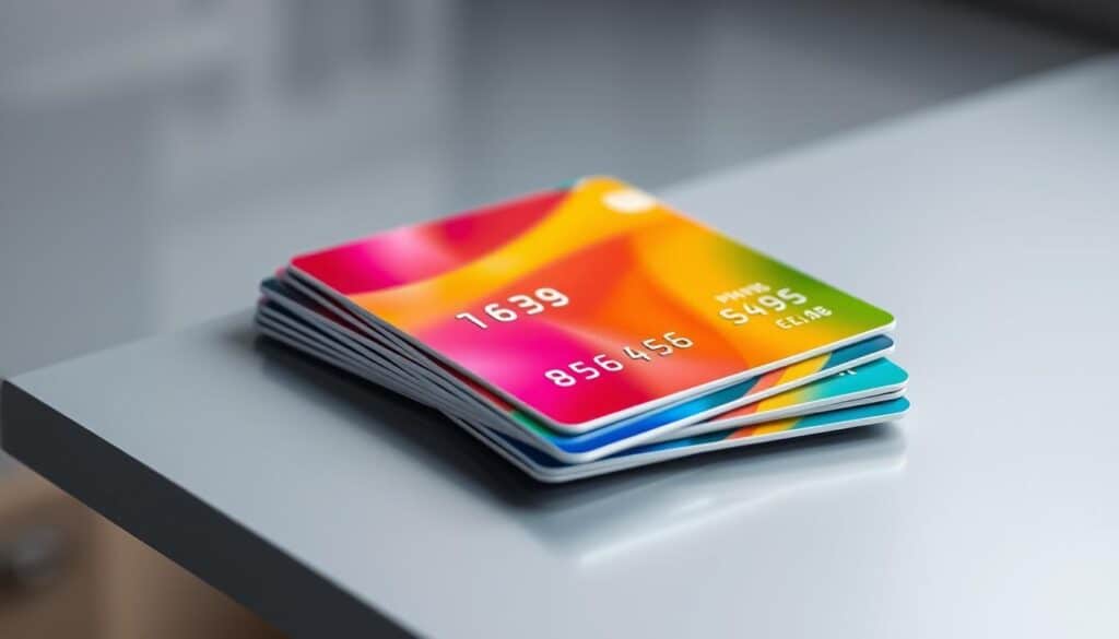 A high-resolution photograph of a stack of credit cards, their surfaces reflecting a colorful array of exchange rates and currency symbols. The cards are positioned on a sleek, minimalist surface, with a soft, diffused lighting creating a sense of depth and focus. The background is slightly blurred, allowing the exchange rate information to take center stage. The overall composition conveys a sense of financial awareness and the importance of understanding currency conversions when using credit cards internationally.