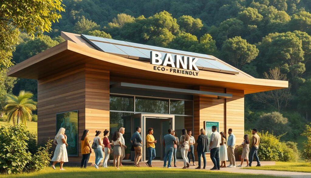 A high-resolution photograph of a stylized, eco-friendly bank building situated in a lush, verdant landscape. The facade features clean, modern lines and incorporates sustainable materials like wood, glass, and solar panels. A diverse group of people, representing different ages and ethnicities, are gathered outside the entrance, engaged in friendly conversation. The scene is bathed in warm, natural lighting, conveying a sense of environmental consciousness and social responsibility within the banking industry. The overall atmosphere is one of harmony, progress, and a commitment to ethical, community-driven practices.