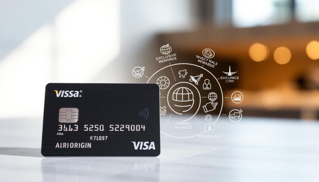 A high-resolution photograph of an elegant Visa Origin credit card, shot with a professional DSLR camera. The card is presented in the foreground, its metallic surface gleaming under soft, diffused lighting. In the middle ground, a stylized graphic illustration showcases the key benefits of the Visa Origin card, such as exclusive perks, travel rewards, and premium services. The background is blurred, creating a sense of depth and focus on the central elements. The overall aesthetic is modern, premium, and visually striking, conveying the prestige and advantages of the Visa Origin product. A high-resolution photograph of an elegant Visa Origin credit card, shot with a professional DSLR camera. The card is presented in the foreground, its metallic surface gleaming under soft, diffused lighting. In the middle ground, a stylized graphic illustration showcases the key benefits of the Visa Origin card, such as exclusive perks, travel rewards, and premium services. The background is blurred, creating a sense of depth and focus on the central elements. The overall aesthetic is modern, premium, and visually striking, conveying the prestige and advantages of the Visa Origin product.