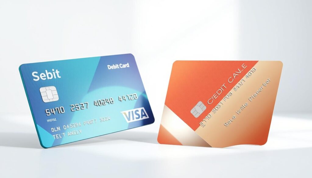 A high-resolution, photorealistic image depicting two credit cards side-by-side, one a debit card and the other a credit card. The cards should be rendered with meticulous attention to detail, capturing the subtle textures, reflections, and branding elements. The debit card should have a blue or green color scheme, while the credit card should have a red or gold tone. The cards should be positioned on a minimalist, clean background, allowing them to be the central focus of the image. Soft, diffused lighting from the side should create depth and highlight the cards' materials and design. The overall composition should be balanced and visually appealing, conveying the differences between debit and credit card types in a clear and informative manner.