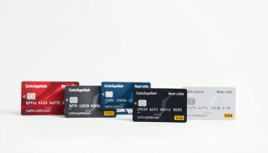 A high-resolution, photorealistic image of a comparison between various credit cards, including Carta Superflash, displayed on a clean, white background. The cards are neatly arranged in the foreground, with a subtle shadow beneath them, creating a sense of depth and realism. The lighting is soft and diffused, highlighting the details and textures of the cards. The middle ground features a blurred, out-of-focus backdrop, allowing the cards to be the focal point. The overall mood is professional, clean, and informative, conveying the essence of the "Confronto con altre carte sul mercato" section. A high-resolution, photorealistic image of a comparison between various credit cards, including Carta Superflash, displayed on a clean, white background. The cards are neatly arranged in the foreground, with a subtle shadow beneath them, creating a sense of depth and realism. The lighting is soft and diffused, highlighting the details and textures of the cards. The middle ground features a blurred, out-of-focus backdrop, allowing the cards to be the focal point. The overall mood is professional, clean, and informative, conveying the essence of the "Confronto con altre carte sul mercato" section.