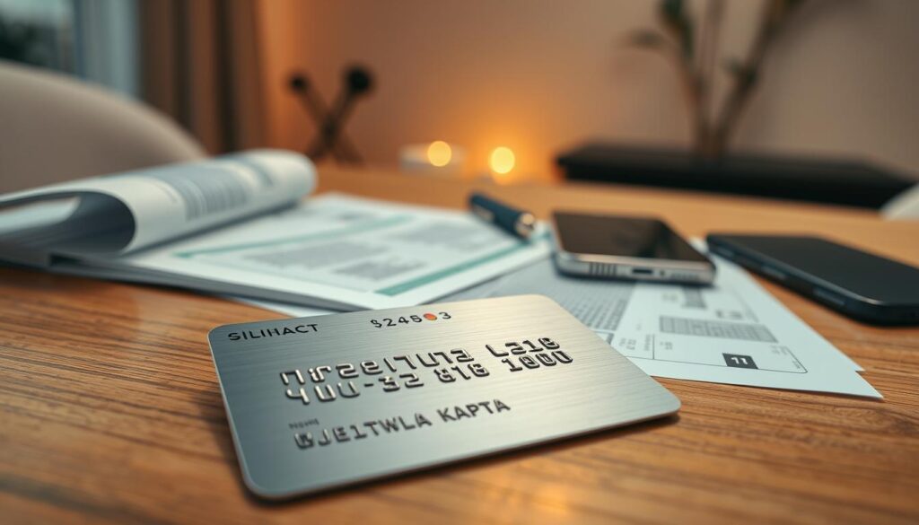 A high-resolution, photorealistic image of a credit card in the foreground, lying on a wooden table. The card has a sleek, metallic design with the word "Кредитна карта" prominently displayed in Cyrillic script on the surface. The middle ground features a tasteful arrangement of financial documents, a pen, and a smartphone, suggesting the process of credit card application. The background is a warm, softly lit interior with subtle shadows, creating a sense of depth and atmosphere. The overall composition conveys a professional, yet approachable feel, suitable for an informative article on the credit card application process in Bulgaria. A high-resolution, photorealistic image of a credit card in the foreground, lying on a wooden table. The card has a sleek, metallic design with the word "Кредитна карта" prominently displayed in Cyrillic script on the surface. The middle ground features a tasteful arrangement of financial documents, a pen, and a smartphone, suggesting the process of credit card application. The background is a warm, softly lit interior with subtle shadows, creating a sense of depth and atmosphere. The overall composition conveys a professional, yet approachable feel, suitable for an informative article on the credit card application process in Bulgaria.