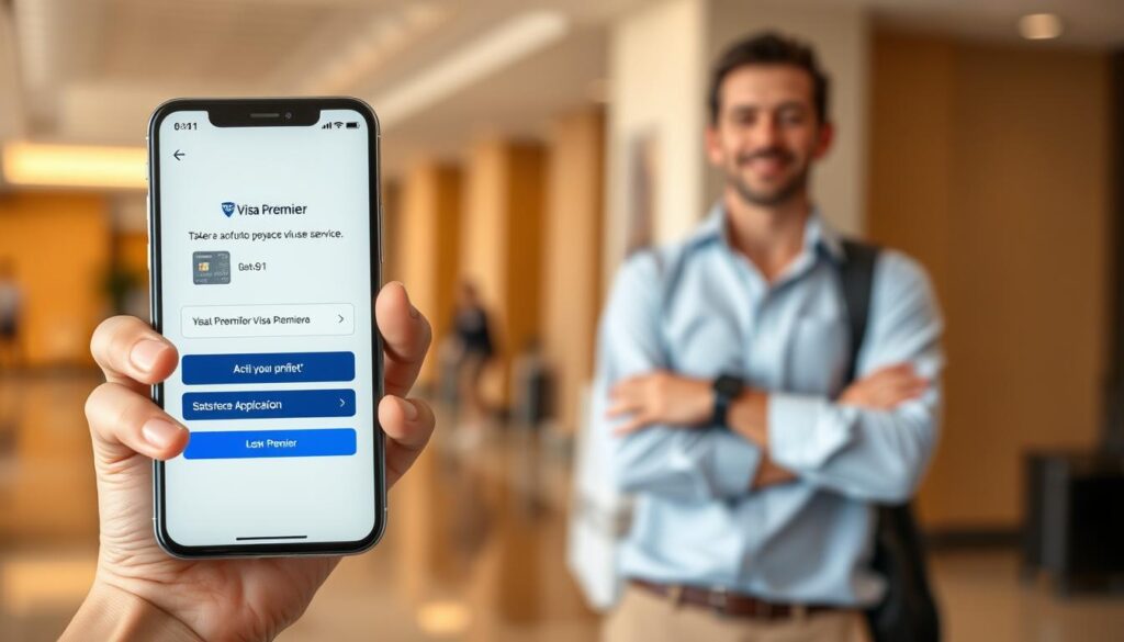 A high-resolution, photorealistic image of a person activating the Visa Premier assistance service on a smartphone. The foreground depicts a hand holding a modern, sleek smartphone with the Visa Premier app open on the screen, showcasing the activation process. The middle ground features the person in a relaxed, confident pose, dressed casually in a button-down shirt and chinos. The background is a blurred, warm-toned hotel lobby or airport terminal, conveying a sense of travel and the need for premium assistance. The lighting is soft and natural, highlighting the details of the smartphone and the person's expression. The overall mood is one of ease, reliability, and the confidence that comes with having access to premium travel support. A high-resolution, photorealistic image of a person activating the Visa Premier assistance service on a smartphone. The foreground depicts a hand holding a modern, sleek smartphone with the Visa Premier app open on the screen, showcasing the activation process. The middle ground features the person in a relaxed, confident pose, dressed casually in a button-down shirt and chinos. The background is a blurred, warm-toned hotel lobby or airport terminal, conveying a sense of travel and the need for premium assistance. The lighting is soft and natural, highlighting the details of the smartphone and the person's expression. The overall mood is one of ease, reliability, and the confidence that comes with having access to premium travel support.