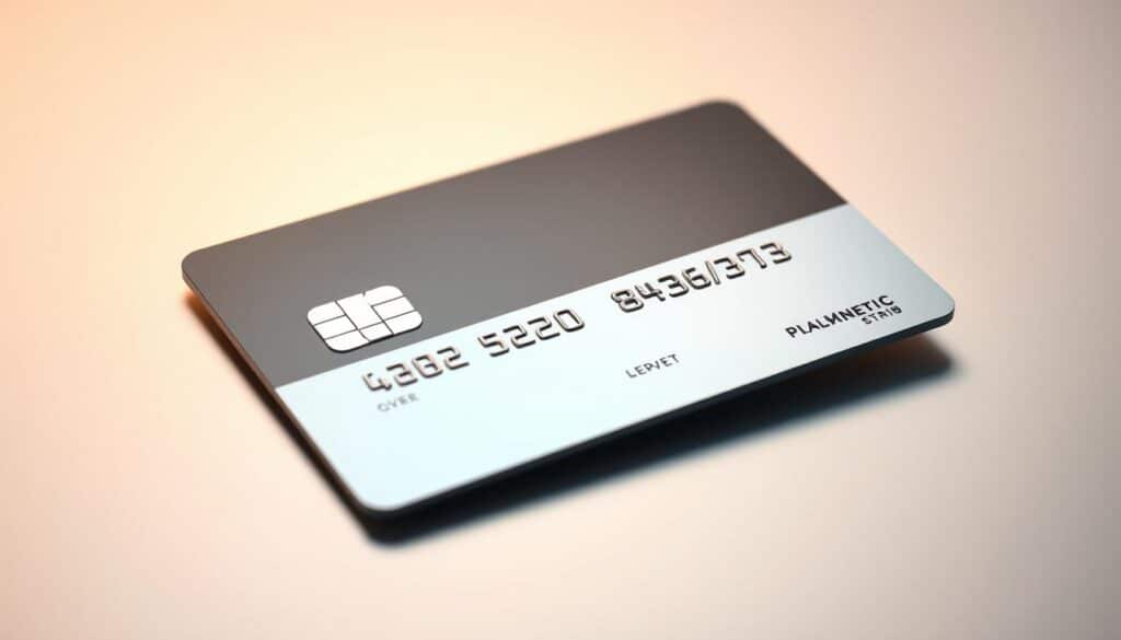 A high-resolution, photorealistic image of a sleek, modern credit card with EMV chip and magnetic stripe. The card is backlit with soft, warm lighting, casting a gentle glow across a crisp, minimalist design. The card's surface reflects the surrounding environment, creating a sense of depth and dimension. The background is a clean, muted palette, allowing the card to be the focal point. The composition emphasizes the security features of the card, such as the holographic foil and microtext, conveying a sense of reliability and trust. The overall mood is one of sophistication and confidence, reflecting the secure and protected nature of the banking experience.