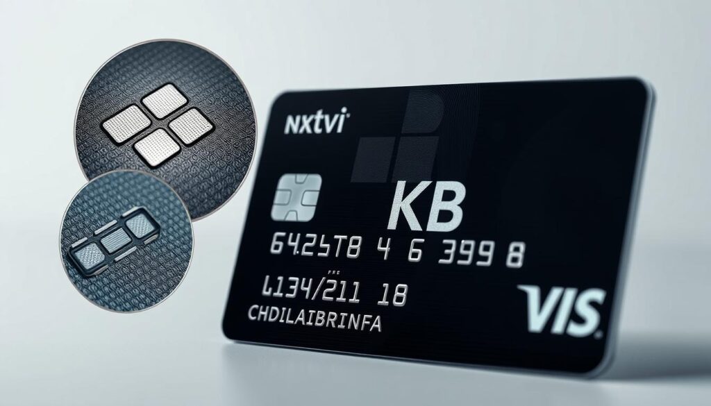 A high-resolution, photorealistic image of the security features of a KB credit card. The card is shown in the foreground, capturing intricate details such as the embossed logo, microprinting, and holographic elements. In the middle ground, magnified views of the card's tactile surface textures, metallic accents, and security threads are prominently displayed. The background features a clean, minimal backdrop that allows the card's security elements to take center stage, conveying a sense of sophistication and consumer protection. The lighting is soft and directional, emphasizing the depth and dimensionality of the card's design. The overall composition and color palette create a sleek, modern, and trustworthy impression aligned with the "Bezpečnostní funkce a ochrana karty" section of the article. A high-resolution, photorealistic image of the security features of a KB credit card. The card is shown in the foreground, capturing intricate details such as the embossed logo, microprinting, and holographic elements. In the middle ground, magnified views of the card's tactile surface textures, metallic accents, and security threads are prominently displayed. The background features a clean, minimal backdrop that allows the card's security elements to take center stage, conveying a sense of sophistication and consumer protection. The lighting is soft and directional, emphasizing the depth and dimensionality of the card's design. The overall composition and color palette create a sleek, modern, and trustworthy impression aligned with the "Bezpečnostní funkce a ochrana karty" section of the article.