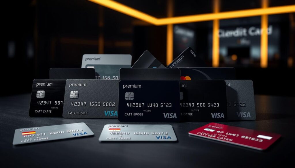 A high-resolution, photorealistic image of various credit card types displayed on a dark, sleek surface. In the foreground, several credit cards with distinct designs and logos are arranged artfully, showcasing their unique features and materials. The middle ground features a mix of card shapes, including classic rectangles, modern minimalist styles, and premium metallic variants. The background subtly fades into a dimly lit, sophisticated environment, creating a sense of premium, financial elegance. Dramatic lighting casts dramatic shadows, emphasizing the depth and texture of the cards. The overall composition highlights the diversity and characteristics of credit card types in a visually striking manner.