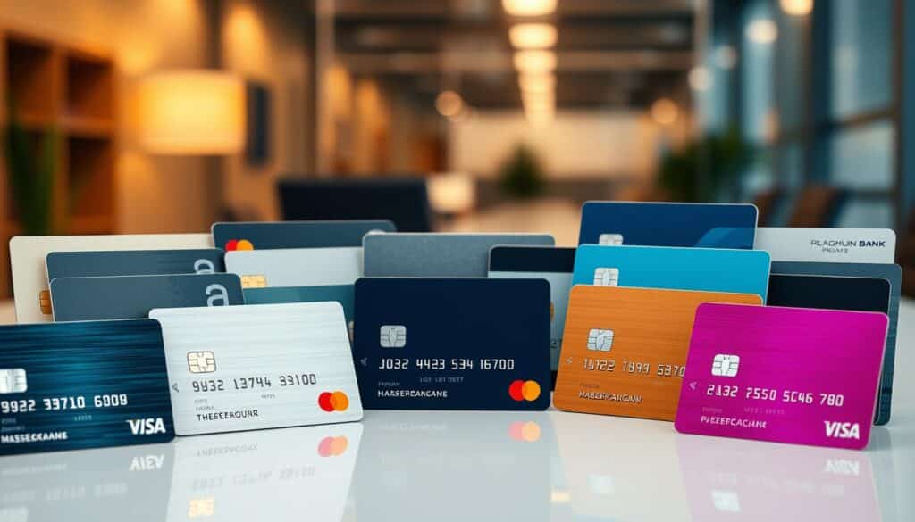 A high-resolution, realistic image of the most popular bank cards in Sweden in the year 2025. The foreground features a diverse array of sleek, modern-looking credit and debit cards with minimalist designs, vibrant colors, and subtle textured patterns. The cards are arranged artfully, showcasing their front and back sides. The middle ground depicts a clean, reflective surface, creating a sense of depth and dimension. The background is a softly blurred, warm-toned environment, suggesting an office or financial setting, providing context without distracting from the focal point of the cards. The lighting is soft and diffused, highlighting the premium materials and finishes of the cards. The overall mood is sophisticated, forward-looking, and representative of the latest trends in Swedish banking and payment technology.