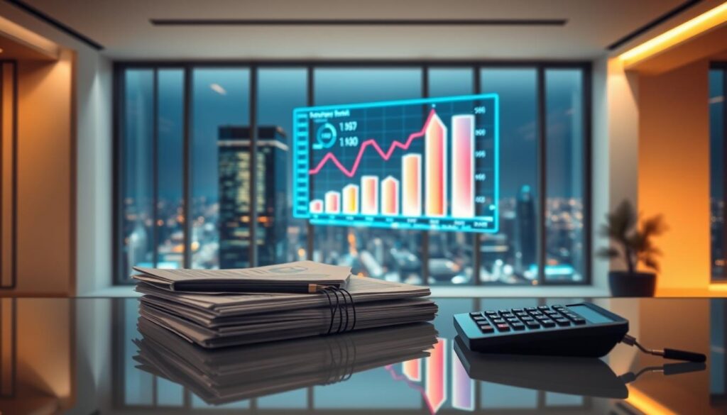A high-return investment portfolio against a backdrop of a sleek, modern office interior. In the foreground, a stack of financial documents and a calculator rest on a minimalist glass desk, evocative of data-driven decision-making. The middle ground features a holographic display projecting colorful charts and graphs, visualizing the nuanced ROI of strategic investments. In the background, floor-to-ceiling windows offer a panoramic view of a bustling city skyline, symbolizing the expansive possibilities of prudent financial planning. Warm, directional lighting casts a professional, aspirational glow, while the overall composition conveys a sense of precision, efficiency, and long-term financial success.