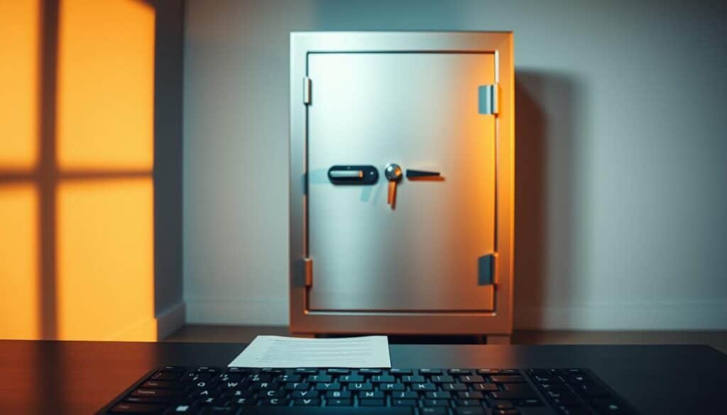 A high-security safe standing prominently in a minimalist office setting, illuminated by warm, directional lighting that casts dramatic shadows. The safe's sleek, brushed-metal exterior exudes a sense of reliability and protection, hinting at the valuable contents within. In the foreground, a keyboard and a pair of carefully placed documents suggest an ongoing financial transaction or investment management process. The background is deliberately sparse, allowing the safe to be the focal point and conveying an atmosphere of professionalism, trust, and attention to detail - crucial elements for secure stock trading and investment.
