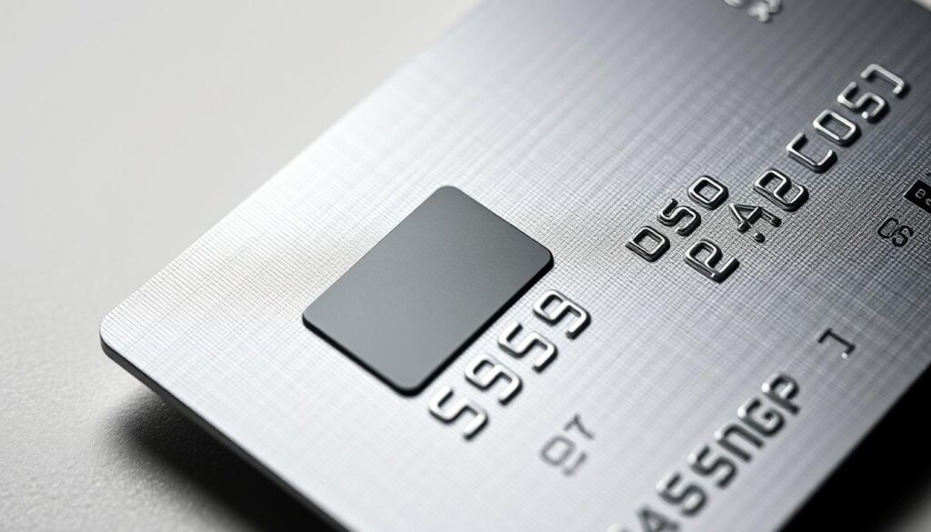 A high-tech credit card with advanced security features. A close-up view showcases the card's sleek, minimalist design. The card's surface is made of a durable, scratch-resistant material with a subtle textured pattern. The edges are beveled, creating a premium, modern look. The card features a microchip embedded in the center, secured by a protective holographic layer. The card number, expiration date, and security code are displayed in a clean, sans-serif font. Soft, directional lighting highlights the card's metallic accents, creating a sense of depth and dimension. The background is a neutral, slightly blurred backdrop, allowing the card to be the focal point. The overall mood is one of sophistication, security, and technological innovation.