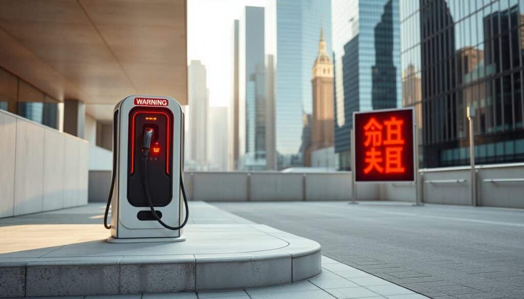 A high-voltage electrical charging station in a modern urban setting. The foreground features a sleek, futuristic electric vehicle charging port with a bold "고속충전 주의" warning sign in bright red color, indicating the high-speed charging capability and the need for caution. The middle ground shows the clean, minimalist design of the charging station, with smooth concrete surfaces and metallic accents. In the background, the city skyline is visible, with tall glass and steel buildings reflecting the natural light, creating a sense of technological progress and innovation. The scene is illuminated by a warm, daylight-balanced lighting that casts soft shadows, emphasizing the clean lines and textures of the materials. The overall mood is one of modern efficiency and safety, inviting the viewer to consider the importance of responsible high-speed charging practices.
