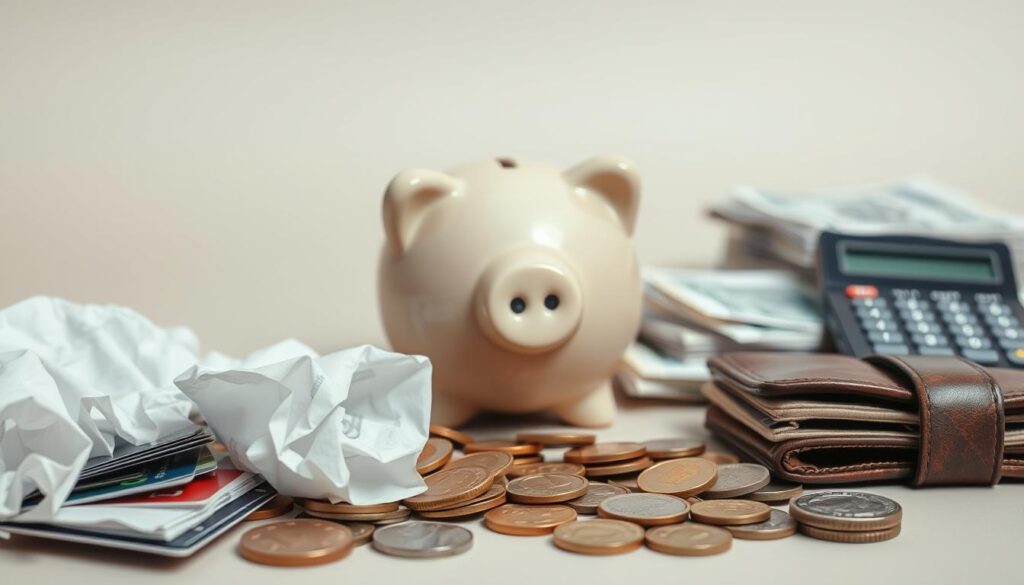 A highly detailed, close-up view of common financial mistakes people make when saving money, depicted as physical objects arranged on a minimalist, neutral-toned background. In the foreground, a series of crumpled paper receipts, credit cards, and coins represent overspending and impulse purchases. In the middle ground, a leaky piggy bank and a tattered wallet symbolize poor money management and lack of discipline. In the background, a stack of bills and a broken calculator evoke the consequences of neglecting budgeting and record-keeping. The image has a somber, cautionary tone, highlighting the need for financial awareness and responsible saving habits.