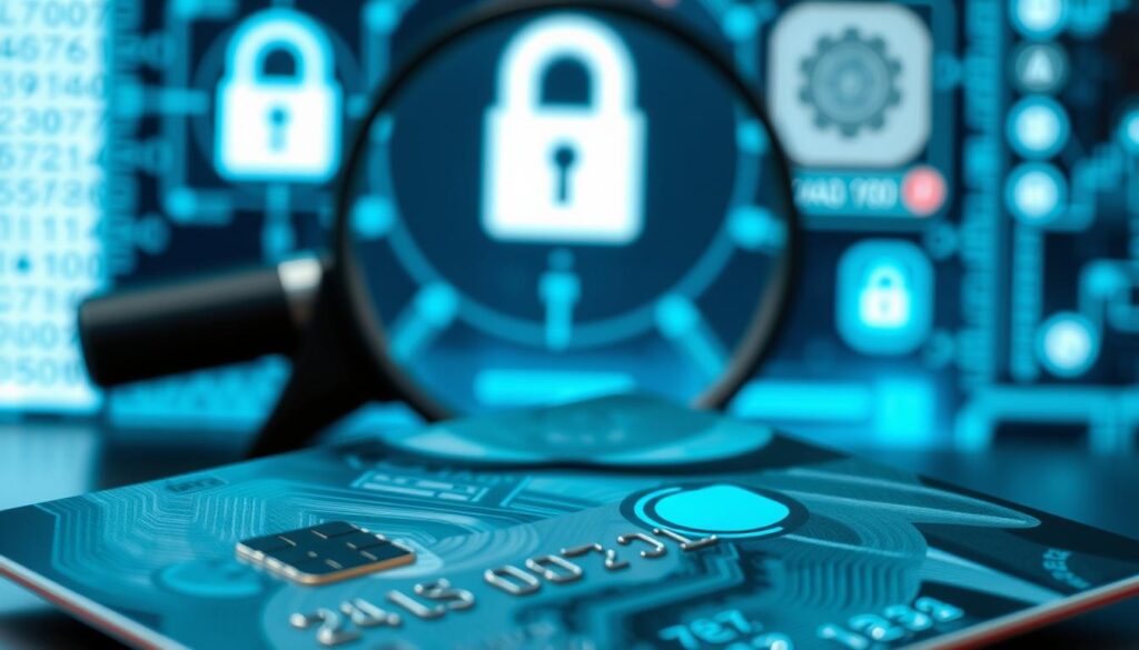 A highly detailed, photorealistic image of credit card security features and fraud prevention measures. In the foreground, a credit card with holographic patterns, EMV chip, and tactile elements. In the middle ground, a magnifying glass inspecting the card, highlighting the intricate design. The background depicts a secure digital transaction, with data encryption symbols and lock icons. The lighting is crisp and clean, emphasizing the high-quality materials and advanced security technologies. The overall mood is one of trust, reliability, and consumer protection.