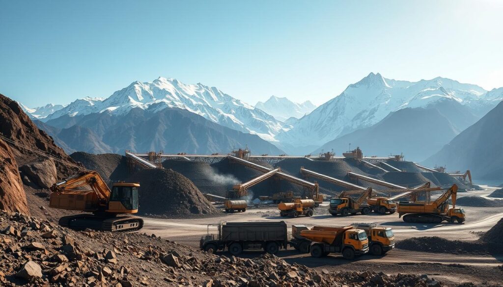 A large, industrial mining operation set in a rugged, mountainous landscape. In the foreground, a massive excavator digs into the earth, its metal chassis gleaming in the bright sunlight. Nearby, a fleet of dump trucks waits to haul the extracted ore. In the middle ground, a network of conveyor belts and mining structures stretch across the terrain, their intricate machinery a testament to the complex process of crypto mining. The background is dominated by towering peaks, their snowcapped summits reaching towards the sky. The scene conveys a sense of power, efficiency, and the relentless pursuit of digital resources. Lighting is dramatic, with strong shadows and highlights emphasizing the scale and technical complexity of the mining operation. A large, industrial mining operation set in a rugged, mountainous landscape. In the foreground, a massive excavator digs into the earth, its metal chassis gleaming in the bright sunlight. Nearby, a fleet of dump trucks waits to haul the extracted ore. In the middle ground, a network of conveyor belts and mining structures stretch across the terrain, their intricate machinery a testament to the complex process of crypto mining. The background is dominated by towering peaks, their snowcapped summits reaching towards the sky. The scene conveys a sense of power, efficiency, and the relentless pursuit of digital resources. Lighting is dramatic, with strong shadows and highlights emphasizing the scale and technical complexity of the mining operation.