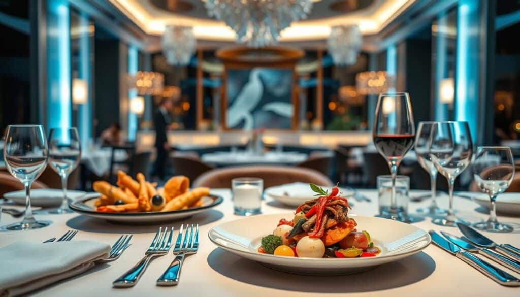 A lavish dining experience in a modern, upscale setting. The table is adorned with a sophisticated place setting, including fine china, gleaming silverware, and delicate glassware. In the foreground, a savory dish takes center stage, its presentation a work of culinary art. Surrounding it are various gourmet ingredients, meticulously arranged to tantalize the senses. The middle ground features an elegant, chic ambiance, with warm lighting casting a soft glow and adding depth to the scene. In the background, a backdrop of sleek, contemporary decor and design elements suggests an exclusive, members-only establishment catering to discerning diners. The overall atmosphere evokes a sense of luxury, indulgence, and the premium dining rewards offered by the Chase Sapphire credit card. A lavish dining experience in a modern, upscale setting. The table is adorned with a sophisticated place setting, including fine china, gleaming silverware, and delicate glassware. In the foreground, a savory dish takes center stage, its presentation a work of culinary art. Surrounding it are various gourmet ingredients, meticulously arranged to tantalize the senses. The middle ground features an elegant, chic ambiance, with warm lighting casting a soft glow and adding depth to the scene. In the background, a backdrop of sleek, contemporary decor and design elements suggests an exclusive, members-only establishment catering to discerning diners. The overall atmosphere evokes a sense of luxury, indulgence, and the premium dining rewards offered by the Chase Sapphire credit card.