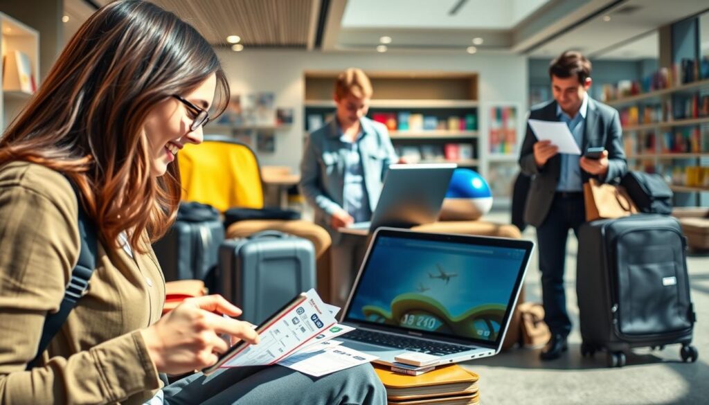 A lively and visually engaging scene depicting various ways to utilize travel miles. In the foreground, a person using their smartphone to book a flight, with an open laptop and airline ticket stubs nearby. In the middle ground, a person exchanging miles for a hotel stay, surrounded by suitcases and travel accessories. In the background, a person redeeming miles for gift cards or merchandise, with shelves of products visible. The lighting is bright and natural, creating a sense of energy and productivity. The overall composition conveys the versatility and convenience of leveraging accrued travel rewards.