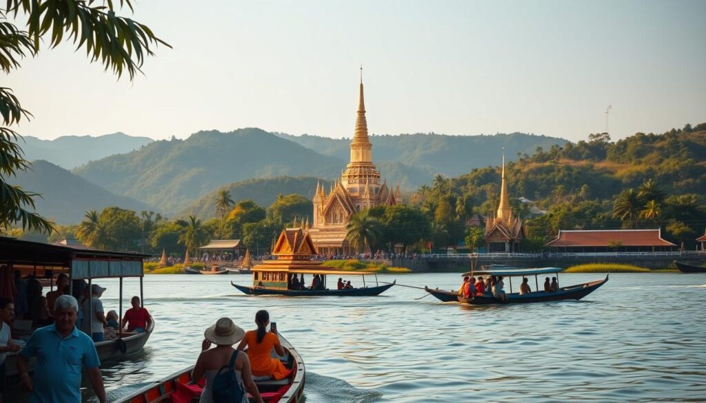 A lush, tropical landscape in Thailand, showcasing the vibrant and diverse tourism industry. In the foreground, a group of tourists exploring a traditional floating market, their colorful boats navigating through the calm waters. In the middle ground, a magnificent Buddhist temple stands tall, its intricate architecture and golden spires reflecting the sunlight. In the background, rolling hills and verdant forests create a serene and picturesque backdrop. The scene is bathed in warm, golden hues, conveying a sense of tranquility and cultural richness. The lighting is soft and diffused, creating a dreamlike atmosphere that captures the essence of Thailand's captivating tourism landscape.