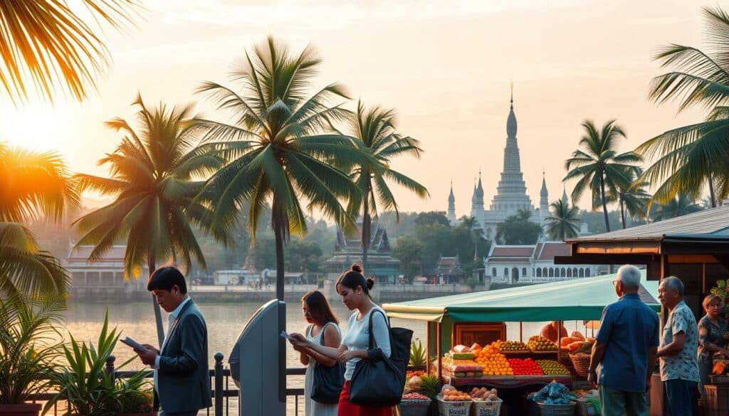A lush tropical landscape with swaying palm trees and a serene river reflecting the golden glow of the setting sun. In the foreground, a group of Thai people engage in various financial activities - a businessman reviewing documents, a young woman depositing cash at an ATM, and an elderly couple discussing investment options. The middle ground features a bustling local market, where vibrant stalls display an array of goods, symbolizing the diverse economic opportunities and challenges faced by the Thai people. In the background, the iconic landmarks of Bangkok, including the Grand Palace and Wat Arun, stand tall, representing the nation's rich cultural heritage and the intertwining of tradition and modern finance. The overall scene conveys a sense of balance, with the natural beauty and cultural elements complementing the financial activities, capturing the essence of personal finance within the unique context of Thai society.