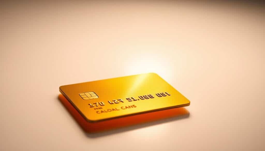 A luxurious gold credit card cast in a warm, amber glow, resting on a smooth, glossy surface. The card's surface reflects the soft, diffused lighting, highlighting its elegant design and metallic finish. The background is a simple, minimalist white, allowing the card to be the central focus. The overall composition conveys a sense of sophistication, exclusivity, and financial credibility, fitting the "BPI Gold" brand identity. A high-key, glamorous aesthetic that captures the essence of the "Regras de elegibilidade e análise de crédito" section.