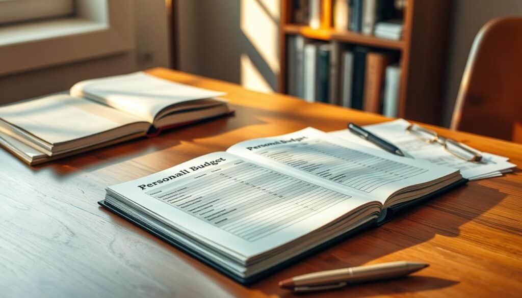 A meticulously crafted personal budget book lies open on a wooden desk, surrounded by a calculator, a pen, and carefully organized financial documents. The warm, natural lighting casts a soft glow, creating a sense of focus and organization. In the background, a simple yet elegant bookshelf stands, hinting at the broader financial resources available. The overall scene conveys a sense of control, diligence, and a thoughtful approach to personal finance management. A meticulously crafted personal budget book lies open on a wooden desk, surrounded by a calculator, a pen, and carefully organized financial documents. The warm, natural lighting casts a soft glow, creating a sense of focus and organization. In the background, a simple yet elegant bookshelf stands, hinting at the broader financial resources available. The overall scene conveys a sense of control, diligence, and a thoughtful approach to personal finance management.
