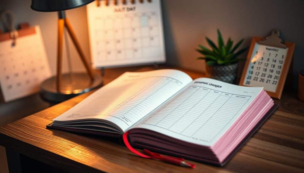 A meticulously crafted personal finance ledger sits atop a wooden desk, its pages open to reveal a detailed monthly budget. The soft, warm lighting from an adjacent table lamp casts a cozy glow, creating a contemplative atmosphere. In the background, a minimalist wall calendar and a potted plant add subtle touches of organization and life. The composition emphasizes the importance of thoughtful financial planning, inviting the viewer to imagine themselves engaged in the process of managing their personal finances.
