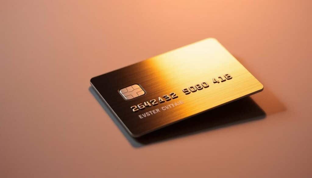 A meticulously designed credit card, its sleek metallic surface gleaming under warm, directional lighting. The card casts a subtle shadow, hinting at its materiality. The background is a soft, muted gradient, allowing the credit card to take center stage. The composition is balanced, with the card positioned slightly off-center, creating a sense of dynamic tension. The overall mood is one of sophistication and financial savvy, reflecting the "Secrets to Maximizing Credit Card Promotions" section of the article.