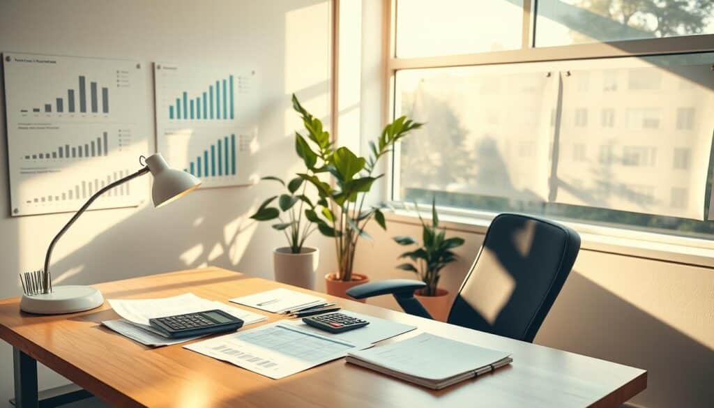 A meticulously designed financial planning office, bathed in warm, natural lighting from large windows. On the desk, a credit card statement, calculator, and neatly organized documents, conveying a sense of diligent budgeting. The walls are adorned with minimalist financial charts and graphs, offering a visual aid for strategizing credit card interest reduction. An ergonomic office chair and potted plant add a touch of comfort and balance, creating an atmosphere of focused financial wellness. The overall scene exudes a serene, organized, and thoughtful approach to personal finance management.