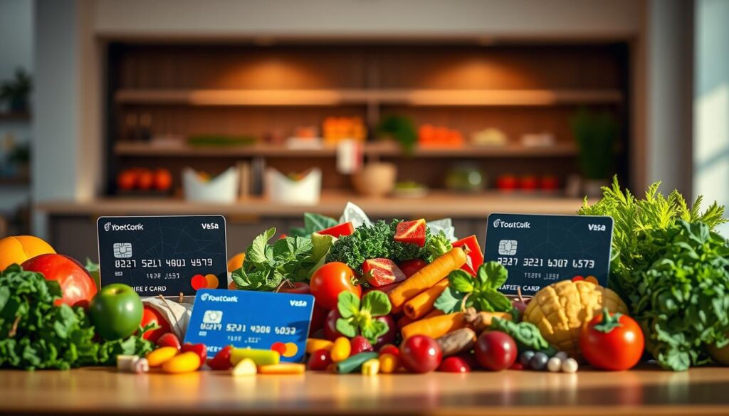 A meticulously designed table with credit cards neatly arranged, displaying their key features and benefits side-by-side. The scene is bathed in warm, natural lighting, casting soft shadows and highlighting the sleek designs of the cards. In the foreground, a variety of fresh, colorful groceries spill out, emphasizing the focus on supermarket purchases. The background blurs into a minimalist, monochromatic setting, allowing the comparison of the credit cards to take center stage. The overall composition conveys a sense of careful analysis and informed decision-making, perfectly suited to illustrate the section on comparing credit cards for grocery spending.