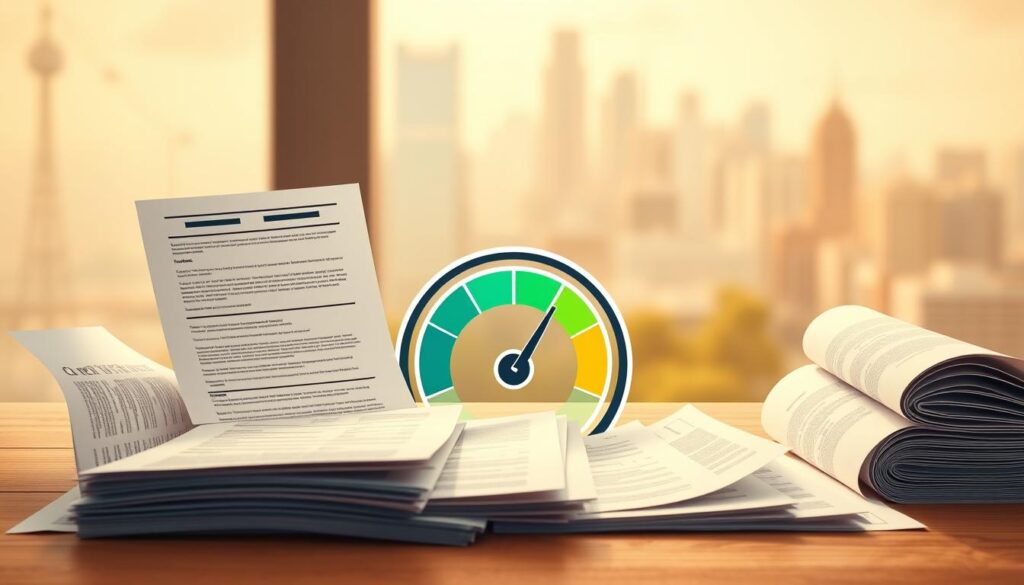 A meticulously detailed illustration of a person's credit history, presented in a clean, minimalist style. The foreground features a series of neatly organized financial documents, including credit reports, payment receipts, and account statements, conveying a sense of order and responsibility. The middle ground showcases a stylized credit score gauge, its needle indicating a positive, healthy range. In the background, a soft, blurred cityscape suggests the broader economic context, while warm, directional lighting creates a sense of stability and professionalism. The overall mood is one of financial diligence and confidence, inspiring the viewer to take control of their credit history. A meticulously detailed illustration of a person's credit history, presented in a clean, minimalist style. The foreground features a series of neatly organized financial documents, including credit reports, payment receipts, and account statements, conveying a sense of order and responsibility. The middle ground showcases a stylized credit score gauge, its needle indicating a positive, healthy range. In the background, a soft, blurred cityscape suggests the broader economic context, while warm, directional lighting creates a sense of stability and professionalism. The overall mood is one of financial diligence and confidence, inspiring the viewer to take control of their credit history.