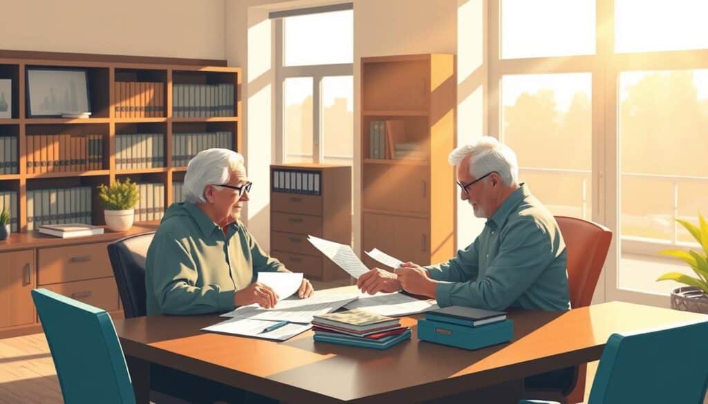 A meticulously detailed illustration showcasing the key tax benefits and financial incentives for retirement planning. Set against a warm, muted color palette, the scene depicts a serene, sunlit office setting. In the foreground, an elderly couple sits at a polished wooden desk, engrossed in reviewing retirement account statements and tax forms. Sunlight streams in through large windows, casting a soft glow on the scene. In the background, bookshelves and filing cabinets hint at the professional expertise available to guide individuals through the complexities of retirement tax planning. The overall mood is one of calm, reassurance, and financial security - reflecting the valuable tax advantages and pension benefits that can optimize one's golden years. A meticulously detailed illustration showcasing the key tax benefits and financial incentives for retirement planning. Set against a warm, muted color palette, the scene depicts a serene, sunlit office setting. In the foreground, an elderly couple sits at a polished wooden desk, engrossed in reviewing retirement account statements and tax forms. Sunlight streams in through large windows, casting a soft glow on the scene. In the background, bookshelves and filing cabinets hint at the professional expertise available to guide individuals through the complexities of retirement tax planning. The overall mood is one of calm, reassurance, and financial security - reflecting the valuable tax advantages and pension benefits that can optimize one's golden years.