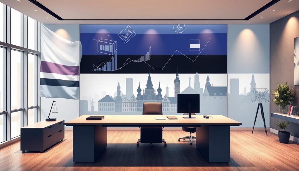 A meticulously detailed illustration showcasing the legal and tax framework for investments in Estonia. The foreground depicts a sleek, contemporary office interior, with a large desk and modern office equipment. In the middle ground, abstract financial charts and graphs float, representing the complexities of investment regulations. The background features the Estonian flag and the distinctive silhouettes of Tallinn's historic Old Town, symbolizing the country's unique blend of tradition and innovation. The lighting is soft and warm, evoking a sense of professionalism and authority. The overall composition conveys a sophisticated, well-regulated investment environment in Estonia.