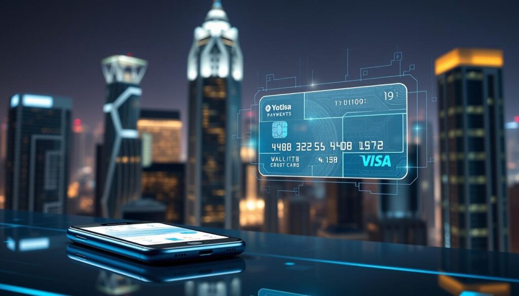 A meticulously detailed image of digital wallets and mobile payments. In the foreground, a sleek smartphone displays a mobile payment app, its screen showcasing seamless transactions. In the middle ground, a virtual credit card hovers, its holographic interface depicting various payment options. The background features a futuristic cityscape, skyscrapers illuminated by ambient lighting, suggesting the integration of these technologies into the modern urban landscape. The scene conveys a sense of technological sophistication, efficiency, and the cashless future of financial transactions.