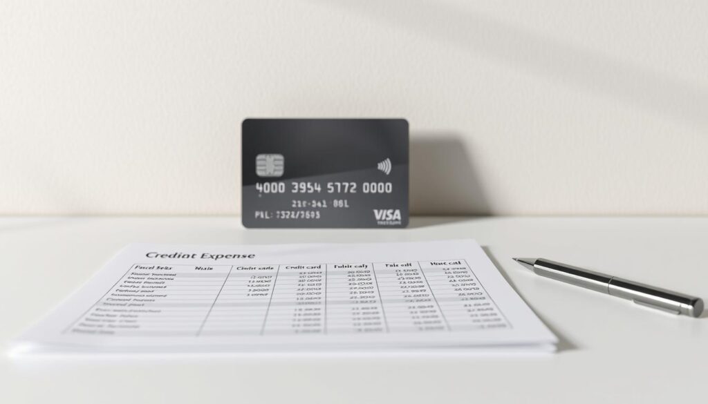 A meticulously detailed rendering of a personal budget plan, showcased on a minimalist desk setup. In the foreground, a crisp, neatly organized spreadsheet displays a breakdown of credit card expenses, with elegant typography and precise numerical data. The middle ground features a high-end credit card, its metallic surface gleaming under soft, directional lighting, conveying a sense of financial responsibility. In the background, a muted, neutral-toned wall provides a clean, sophisticated backdrop, allowing the key financial elements to take center stage. The overall composition exudes a professional, organized, and visually striking aesthetic, perfectly capturing the essence of "Krediitkaartide eelarveplaneerimine".