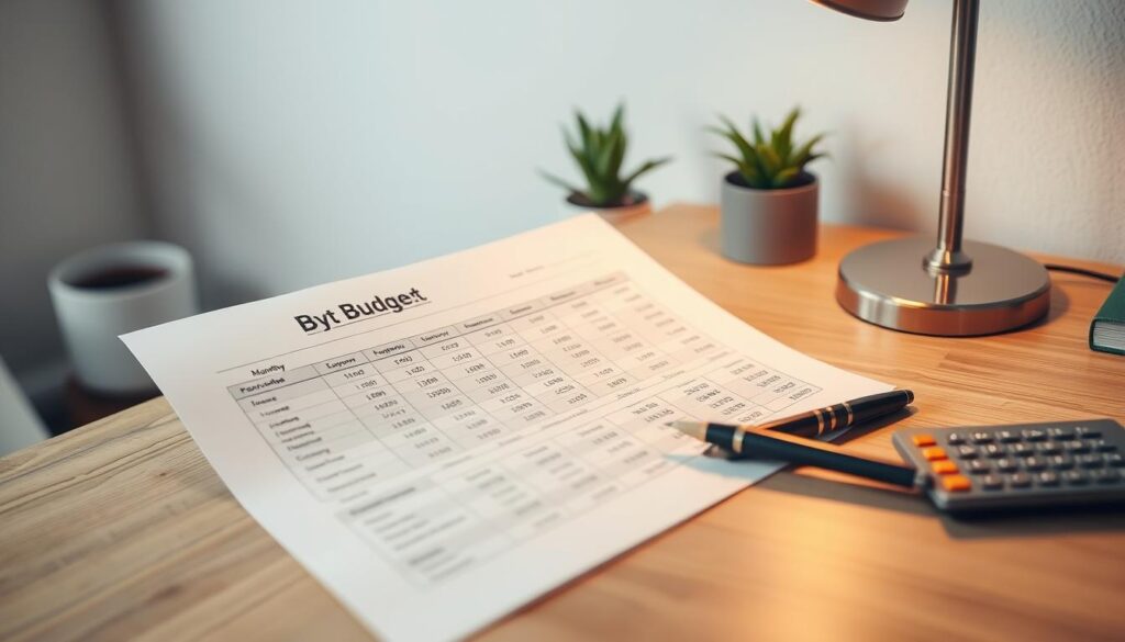 A meticulously organized monthly budget spreadsheet resting on a wooden desk, illuminated by a warm desk lamp. The spreadsheet showcases detailed categories for expenses, income, and savings, with figures neatly entered. A pen and calculator are placed nearby, reflecting a focused, disciplined approach to personal finance management. The background is a serene, muted office setting, with a potted plant and minimal decor, emphasizing the importance of simplicity and order in maintaining long-term financial stability.