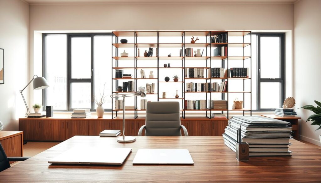A meticulously organized office space, with a large wooden desk in the foreground. The desk is adorned with a sleek silver laptop, a stack of neatly organized files, and a sophisticated-looking pen holder. In the middle ground, a modern, minimalist bookshelf stands tall, filled with finance-related volumes and a few decorative elements. The background features a large window, allowing natural light to flood the room, creating a warm and productive atmosphere. The lighting is soft and directional, casting subtle shadows and highlighting the clean lines and textures of the furniture. The overall mood is one of efficiency, control, and financial mastery.