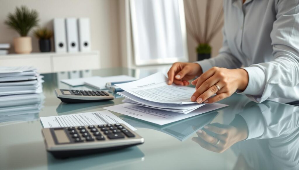 A meticulously organized office with a sleek glass desk, neatly stacked financial documents, and a desktop calculator. Soft, directional lighting illuminates the scene, creating a sense of focus and professionalism. In the foreground, a person's hands thoughtfully review paperwork, symbolizing the careful management of personal finances and debt. The background features minimalist decor, emphasizing the importance of a clutter-free, organized environment for effective debt management. The overall mood is one of control, diligence, and a measured approach to achieving financial stability.