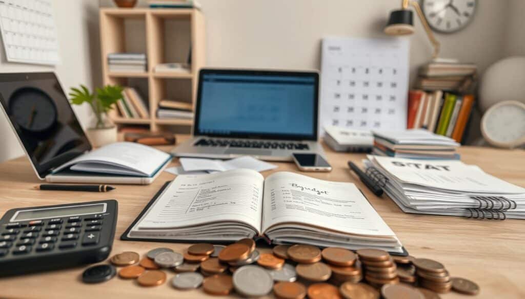 A meticulously organized personal finance workspace. In the foreground, a neat row of coins, bills, and a calculator. In the middle, an open ledger with handwritten budget entries, surrounded by a modern laptop, smartphone, and financial planning documents. The background features shelves of reference books and a minimalist wall calendar. The lighting is soft and indirect, creating a serene, focused atmosphere. Captured with a shallow depth of field, emphasizing the attention to detail and financial organization.