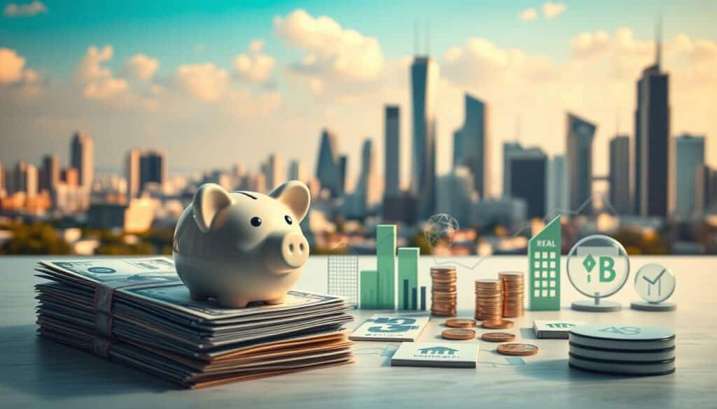 A meticulously rendered scene depicting financial goals. In the foreground, a stack of currency notes and a piggy bank symbolize monetary savings. The middle ground showcases various icons representing investment opportunities - stocks, bonds, real estate. In the background, a cityscape with towering skyscrapers and a clear blue sky conveys a sense of prosperity and growth. The lighting is soft and warm, casting a gentle glow over the composition. The camera angle is slightly elevated, providing a comprehensive view of the scene. The overall mood is one of determination, organization, and a clear path towards financial security and success. A meticulously rendered scene depicting financial goals. In the foreground, a stack of currency notes and a piggy bank symbolize monetary savings. The middle ground showcases various icons representing investment opportunities - stocks, bonds, real estate. In the background, a cityscape with towering skyscrapers and a clear blue sky conveys a sense of prosperity and growth. The lighting is soft and warm, casting a gentle glow over the composition. The camera angle is slightly elevated, providing a comprehensive view of the scene. The overall mood is one of determination, organization, and a clear path towards financial security and success.