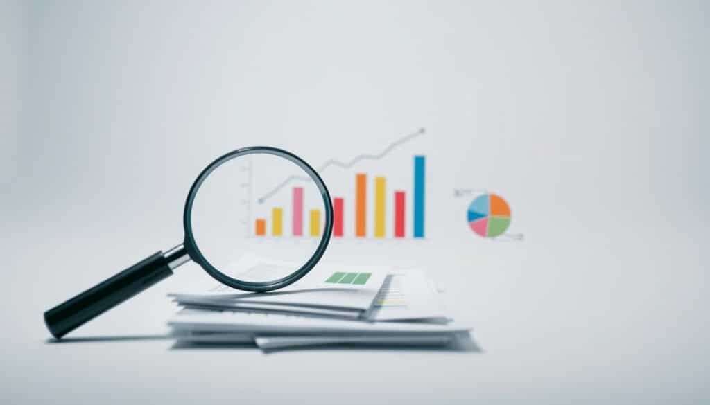 A minimalist and modern illustration of "analiza porabe" (analysis of spending). In the foreground, a magnifying glass hovers over a stack of financial documents, casting a sharp, focused light on the details. The middle ground features a clean, geometric visualization of spending data - colorful bar graphs, pie charts, and line plots arranged in a visually striking layout. The background showcases a serene, muted palette, conveying a sense of thoughtfulness and careful consideration. The overall composition uses a low-angle perspective to emphasize the analytical nature of the scene, captured with a wide-angle lens for maximum impact. The lighting is soft and diffused, creating a contemplative mood that invites the viewer to examine their own spending habits closely.