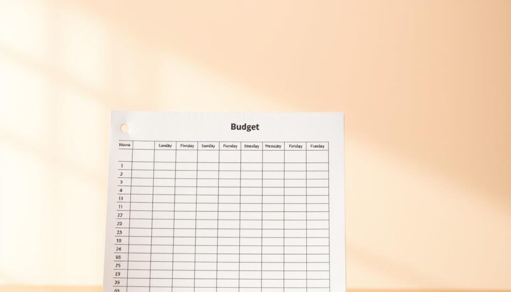 A minimalist, clean-lined budget spreadsheet against a warm-toned, out-of-focus background. The spreadsheet occupies the central focus, with a soft, natural lighting casting gentle shadows. The layout is structured yet inviting, with well-defined rows and columns to organize financial data. The overall mood is one of clarity, organization, and thoughtful planning, evoking a sense of control and stability in personal finances. The background blurs softly, drawing the viewer's attention to the budget spreadsheet as the focal point, a tool to guide and empower responsible saving habits.
