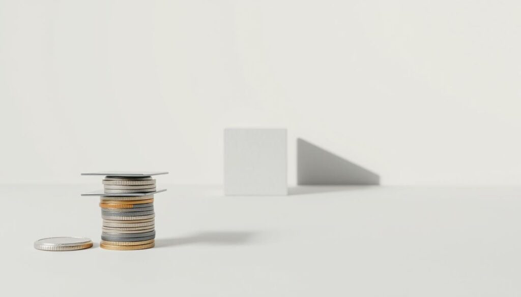 A minimalist composition depicting the concept of debt consolidation. In the foreground, a stack of coins and credit cards symbolizing financial obligations, meticulously arranged in a balanced, geometric pattern. The midground features a single, solid block representing a consolidated loan, casting a long, sharp shadow that extends into the background. The background is a muted, gradient-based landscape, conveying a sense of unity, simplicity, and control over one's finances. Soft, directional lighting illuminates the scene, creating subtle highlights and shadows that accentuate the clean, modern aesthetic. The overall mood is one of order, discipline, and financial empowerment.