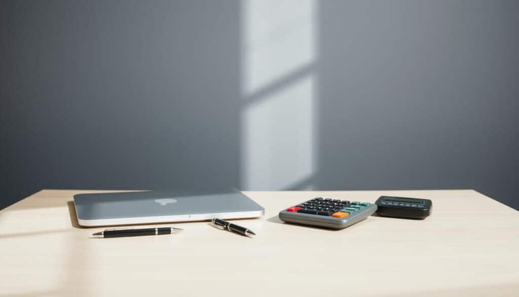 A minimalist desk setup with a laptop, pen, and calculator. The desk is a light-colored wooden surface, with a gray background that suggests an office or study environment. Soft, diffused lighting casts gentle shadows, creating a sense of depth and dimension. The scene conveys a thoughtful, focused atmosphere, inviting the viewer to engage with the tools of personal finance and budgeting. The composition is balanced and visually appealing, highlighting the essential elements needed for crafting a personal budget.