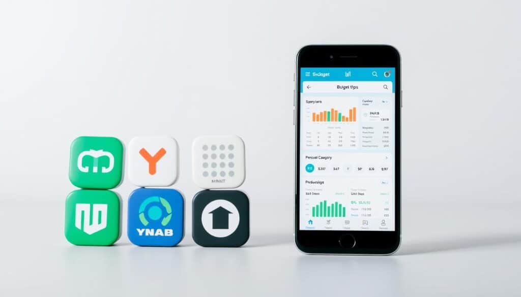 A minimalist, high-contrast image of various mobile apps and software interfaces for personal budgeting and financial management. The foreground features a selection of popular budgeting app icons and logos, such as Mint, YNAB, and Personal Capital, arranged in an organized grid layout. The middle ground depicts a smartphone or tablet device displaying a clean, intuitive budgeting dashboard with charts, graphs, and spending categories. The background is a simple, muted color palette, allowing the app interfaces to take center stage. The lighting is clean and directional, creating depth and highlighting the digital elements. The overall mood is professional, efficient, and visually appealing, reflecting the usefulness and importance of effective budgeting tools.