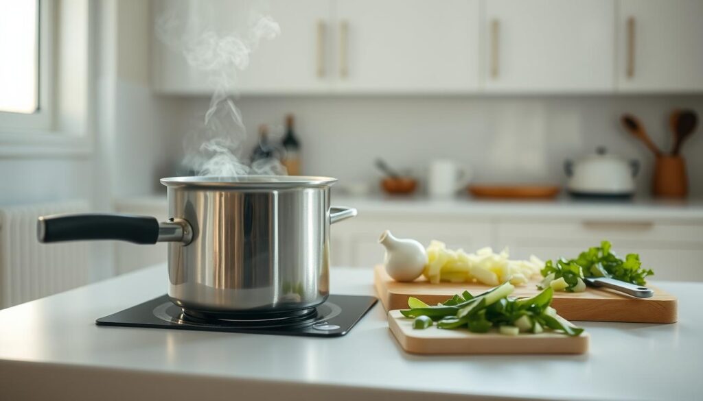 A minimalist kitchen countertop with a few simple ingredients and cooking utensils. Soft, natural lighting illuminates the scene, casting a warm, cozy glow. In the foreground, a stainless steel pot simmers gently, steam wafting upwards. Beside it, a cutting board with freshly chopped vegetables, a testament to the preparation of a modest yet nourishing meal. The background features clean, uncluttered cabinets and a window, suggesting a sense of order and efficiency. The overall atmosphere conveys a spirit of mindful frugality, where every ingredient is utilized to its fullest potential, reflecting the theme of "Pagtitipid sa Pang-araw-araw na Gastusin."